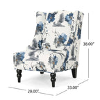 Fauteuil club haut de dossier 28 po floral beige et bleu avec pieds en bouleau