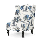 Fauteuil club haut de dossier 28 po floral beige et bleu avec pieds en bouleau