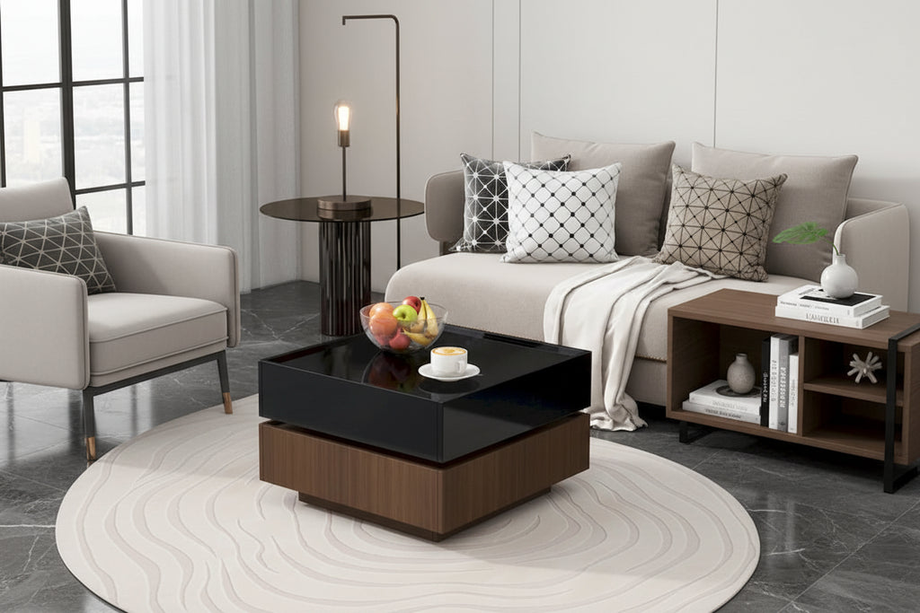Multifunctional Square 360 Rotating Coffee Table 2-Tier Center Table with 2 Drawers and Rotating Tabletop, for Living Room