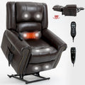 Fauteuil inclinable releveur en cuir véritable marron – Deux moteurs, massage et fonction chauffante