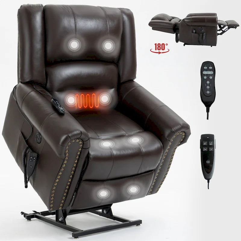 Fauteuil inclinable releveur en cuir véritable marron – Deux moteurs, massage et fonction chauffante