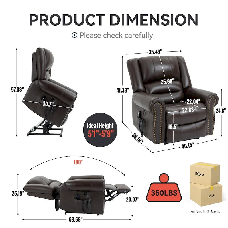 Fauteuil inclinable releveur en cuir véritable marron – Deux moteurs, massage et fonction chauffante