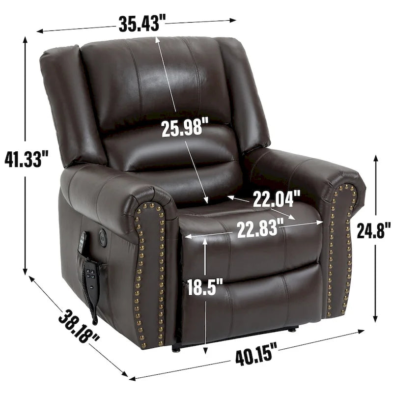 Fauteuil inclinable releveur en cuir véritable marron – Deux moteurs, massage et fonction chauffante