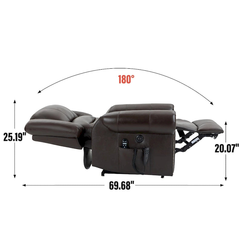 Fauteuil inclinable releveur en cuir véritable marron – Deux moteurs, massage et fonction chauffante