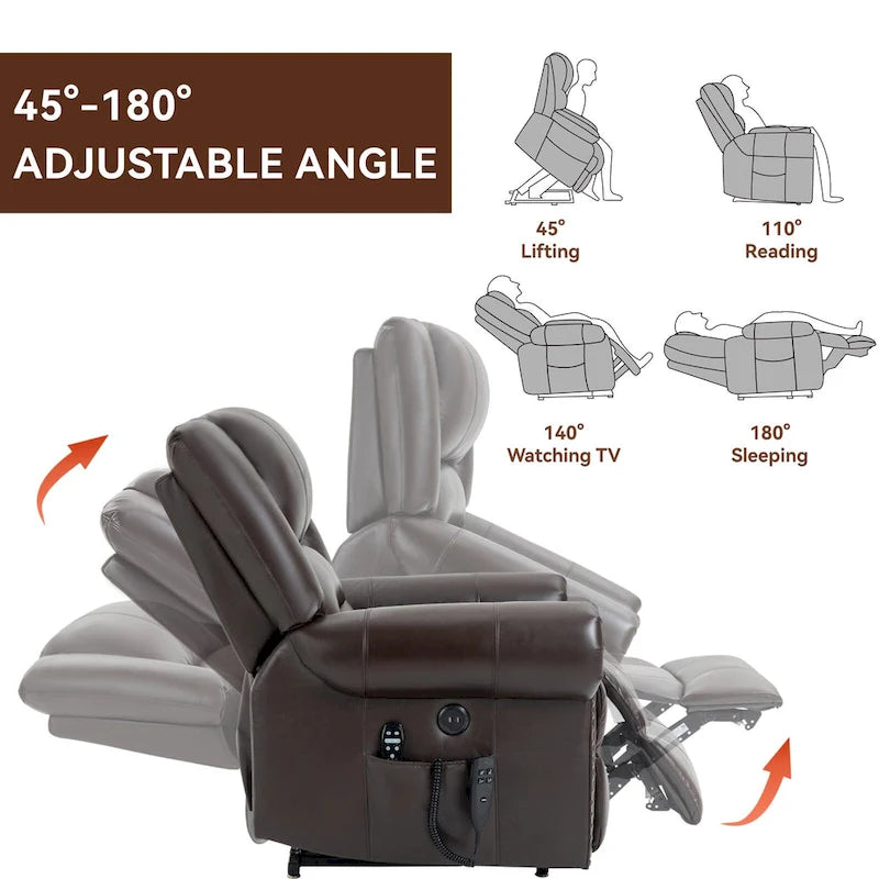 Fauteuil inclinable releveur en cuir véritable marron – Deux moteurs, massage et fonction chauffante