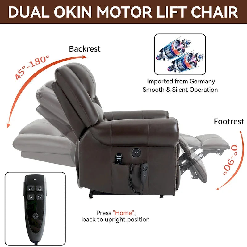 Fauteuil inclinable releveur en cuir véritable marron – Deux moteurs, massage et fonction chauffante