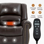 Fauteuil inclinable releveur en cuir véritable marron – Deux moteurs, massage et fonction chauffante