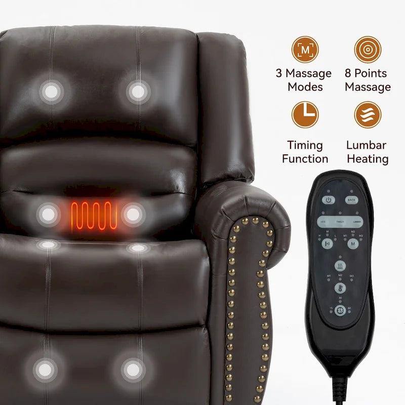 Fauteuil inclinable releveur en cuir véritable marron – Deux moteurs, massage et fonction chauffante