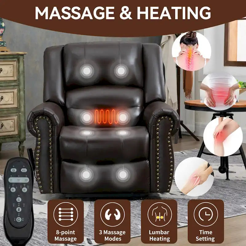 Fauteuil inclinable releveur en cuir véritable marron – Deux moteurs, massage et fonction chauffante