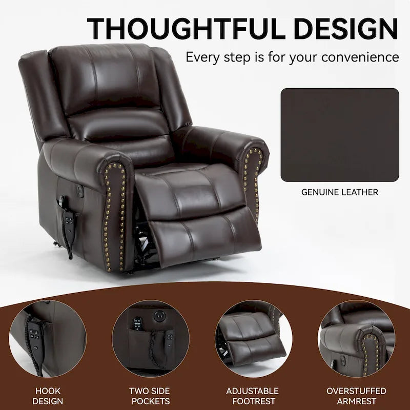Fauteuil inclinable releveur en cuir véritable marron – Deux moteurs, massage et fonction chauffante