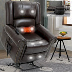 Fauteuil inclinable releveur en cuir véritable marron – Deux moteurs, massage et fonction chauffante