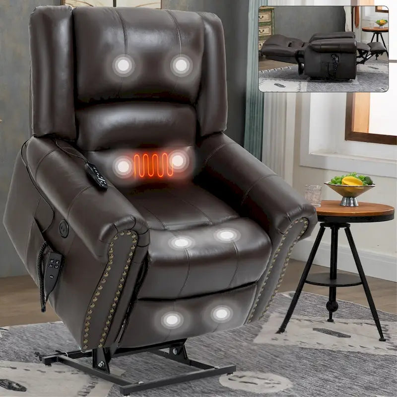 Fauteuil inclinable releveur en cuir véritable marron – Deux moteurs, massage et fonction chauffante