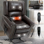 Fauteuil inclinable releveur en cuir véritable marron – Deux moteurs, massage et fonction chauffante