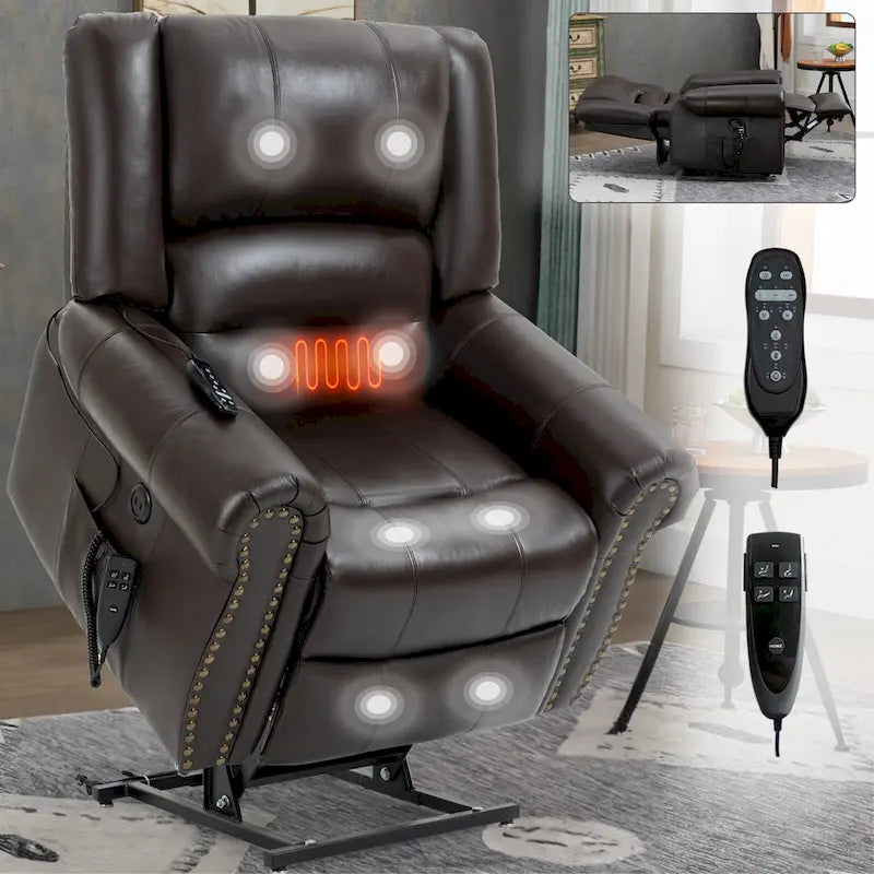 Fauteuil inclinable releveur en cuir véritable marron – Deux moteurs, massage et fonction chauffante