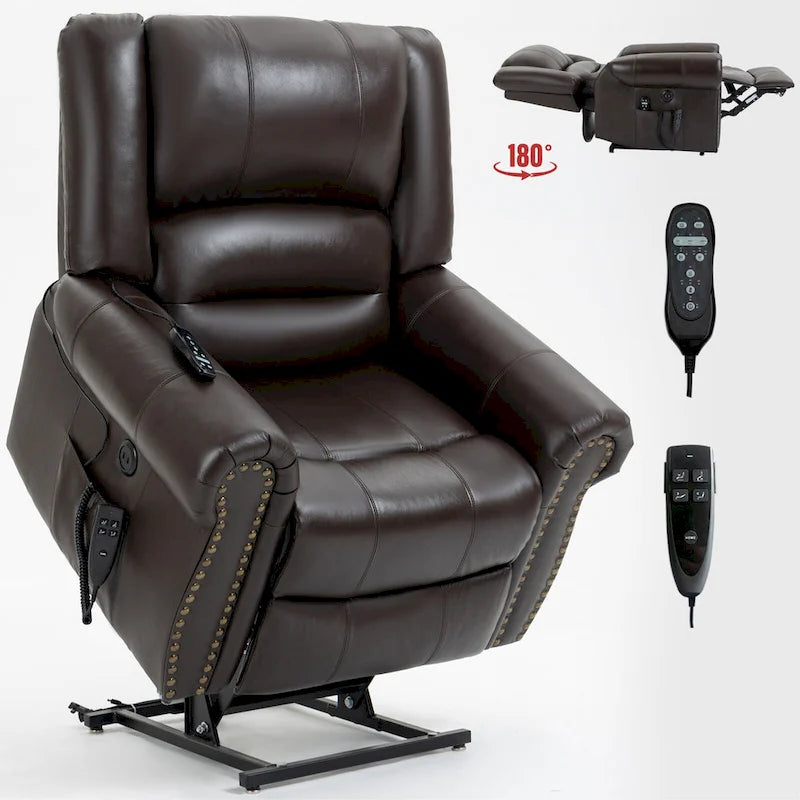 Fauteuil inclinable releveur en cuir véritable marron – Deux moteurs, massage et fonction chauffante