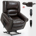 Fauteuil inclinable releveur en cuir véritable marron – Deux moteurs, massage et fonction chauffante