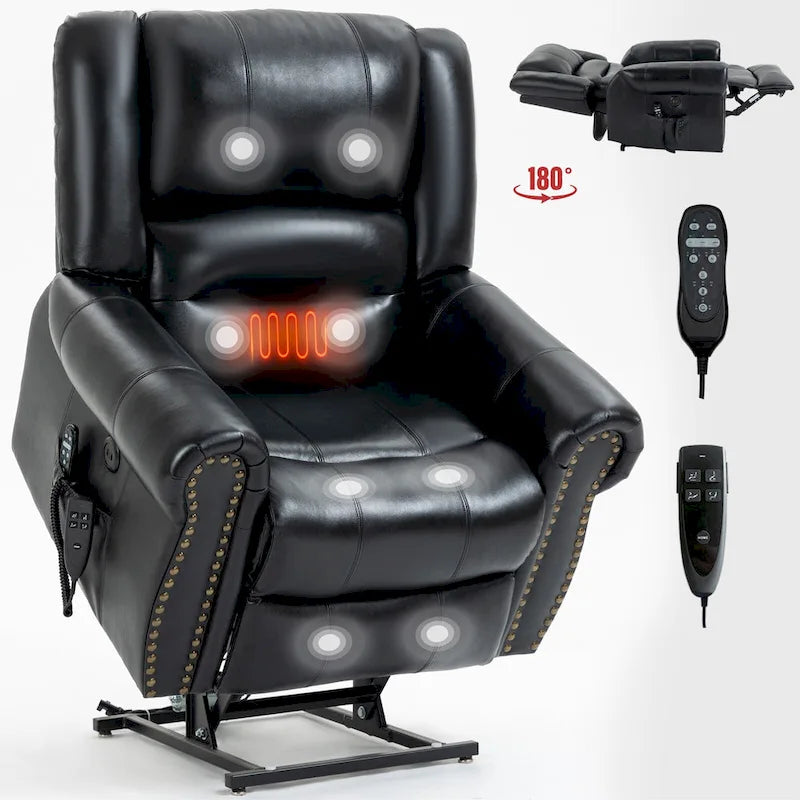 Fauteuil inclinable releveur en cuir véritable marron – Deux moteurs, massage et fonction chauffante