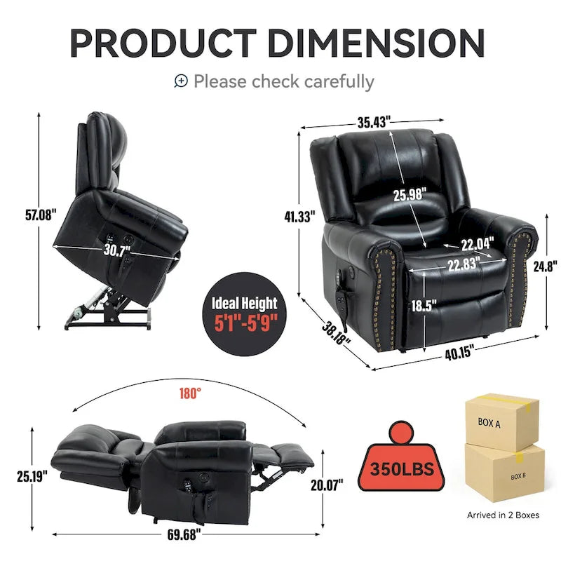 Fauteuil inclinable releveur en cuir véritable marron – Deux moteurs, massage et fonction chauffante
