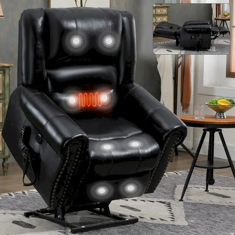 Fauteuil inclinable releveur en cuir véritable marron – Deux moteurs, massage et fonction chauffante