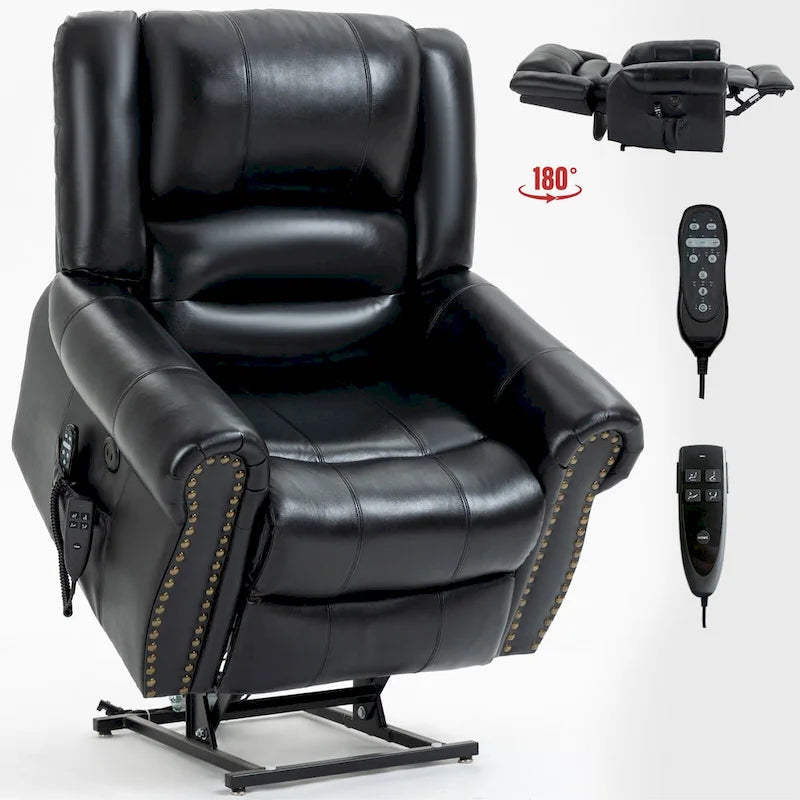 Fauteuil inclinable releveur en cuir véritable marron – Deux moteurs, massage et fonction chauffante