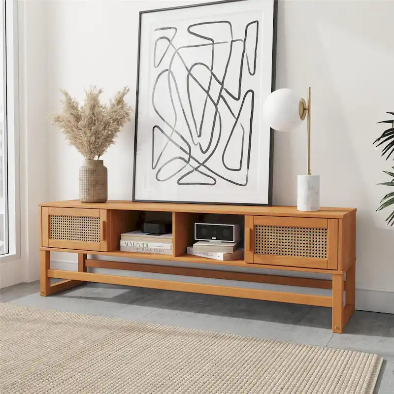 Meuble TV Moderne Rustique en Pin Massif et Rotin — Convient aux TV jusqu'à 65 po