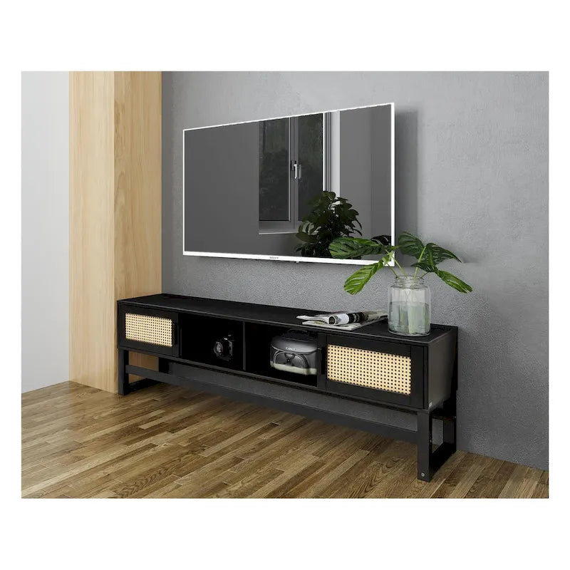Meuble TV Moderne Rustique en Pin Massif et Rotin — Convient aux TV jusqu'à 65 po