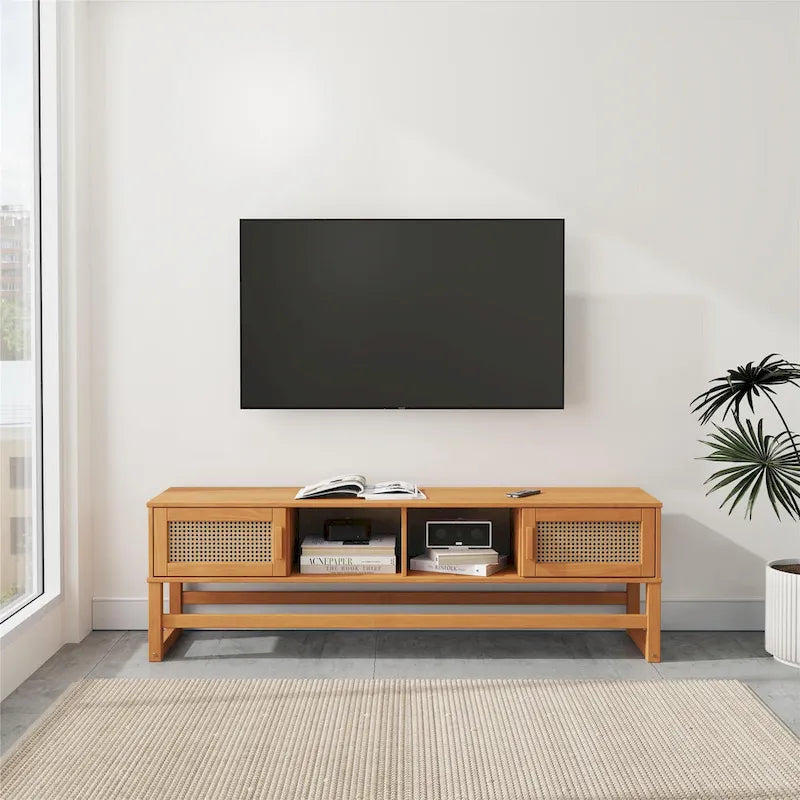 Meuble TV Moderne Rustique en Pin Massif et Rotin — Convient aux TV jusqu'à 65 po