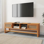 Meuble TV Moderne Rustique en Pin Massif et Rotin — Convient aux TV jusqu'à 65 po