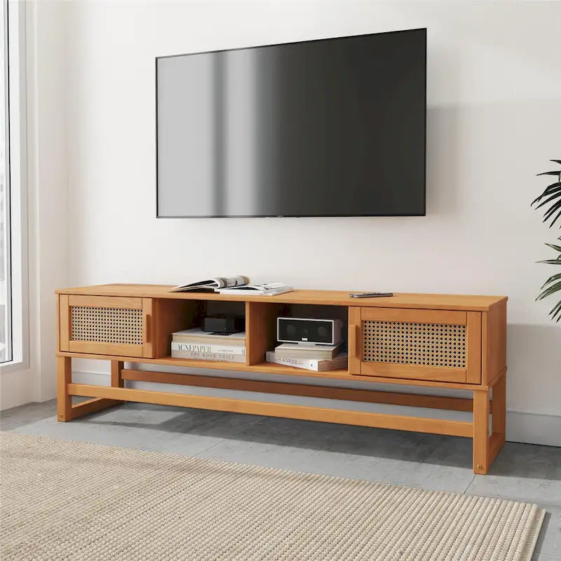 Meuble TV Moderne Rustique en Pin Massif et Rotin — Convient aux TV jusqu'à 65 po