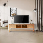 Meuble TV Moderne Rustique en Pin Massif et Rotin — Convient aux TV jusqu'à 65 po