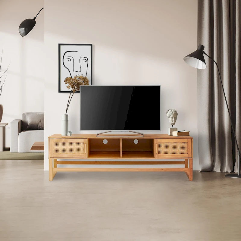 Meuble TV Moderne Rustique en Pin Massif et Rotin — Convient aux TV jusqu'à 65 po