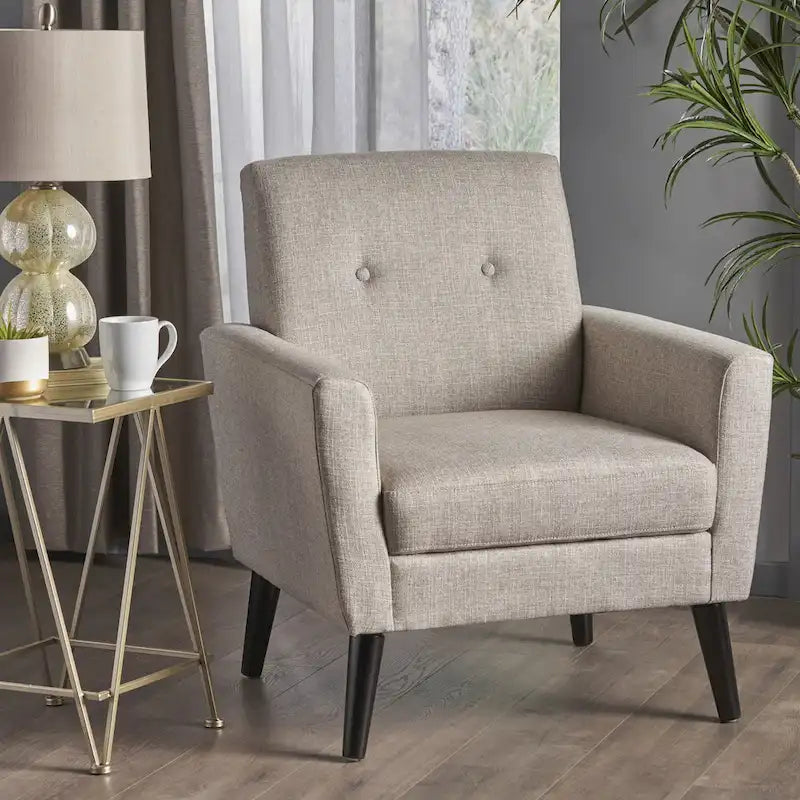 Fauteuil club en tissu de style Mid-Century — capitonné, structure en bouleau, 4 couleurs