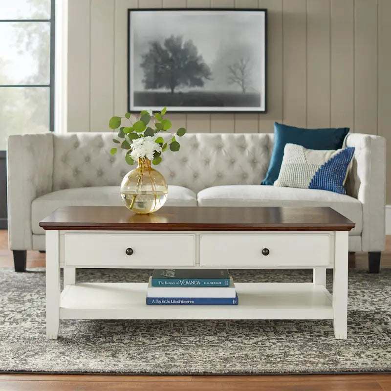 Table basse vieillie blanc cassé — 2 tiroirs, étagère, plateau couleur châtaigne, 120,9 cm L