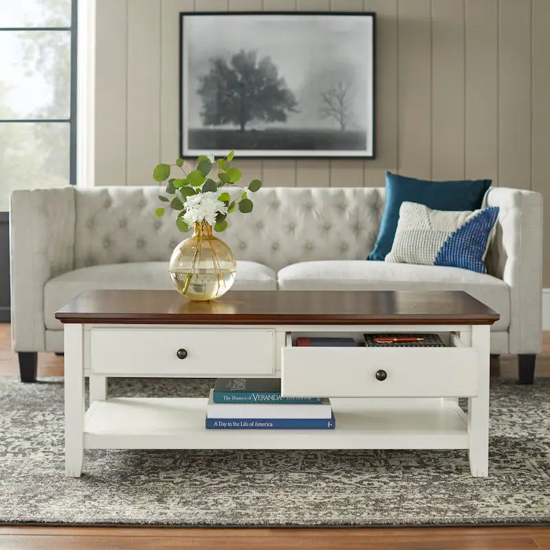 Table basse vieillie blanc cassé — 2 tiroirs, étagère, plateau couleur châtaigne, 120,9 cm L