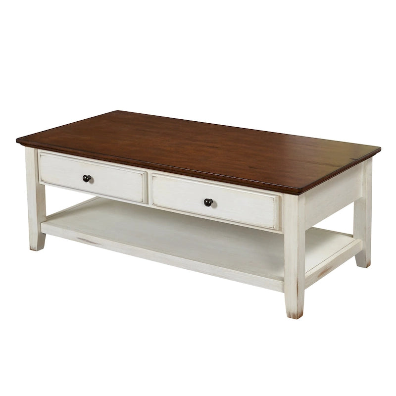 Table basse vieillie blanc cassé — 2 tiroirs, étagère, plateau couleur châtaigne, 120,9 cm L