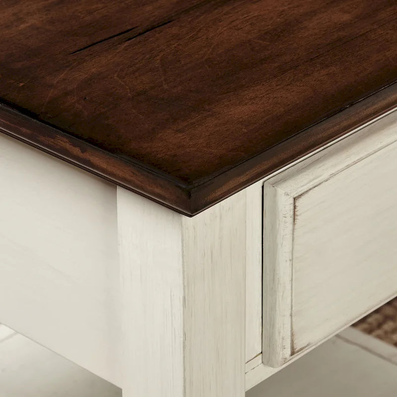 Table basse vieillie blanc cassé — 2 tiroirs, étagère, plateau couleur châtaigne, 120,9 cm L