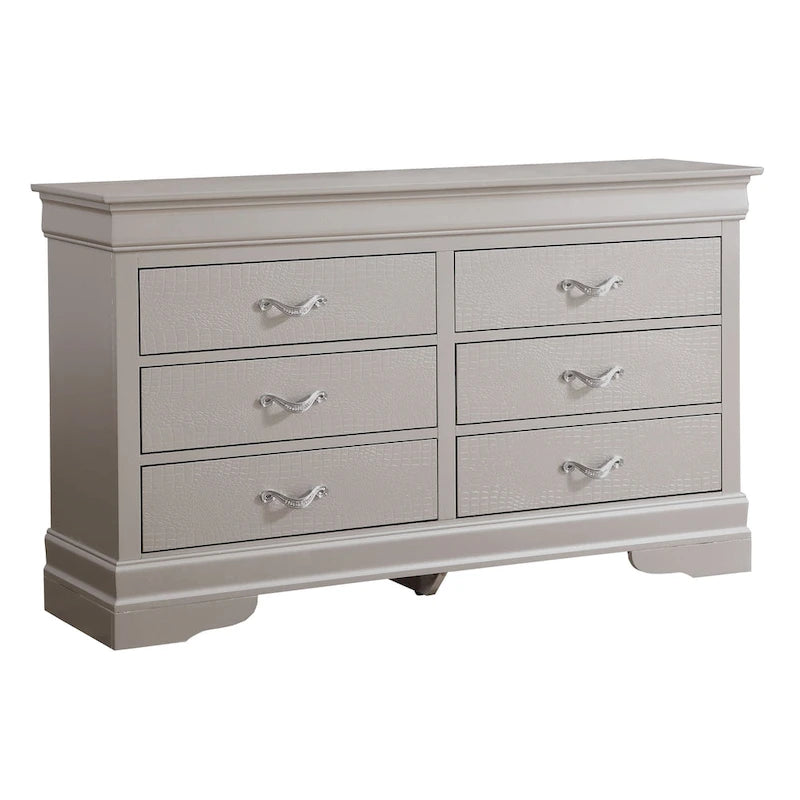 Commode transitionnelle à 6 tiroirs — Poignées chromées, accents faux cristal, 150 cm l.