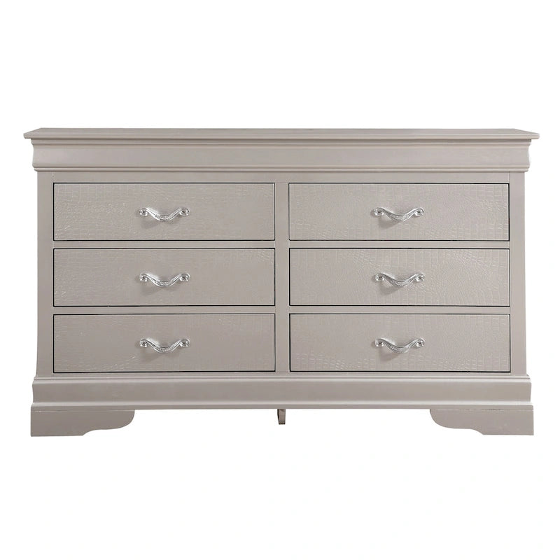 Commode transitionnelle à 6 tiroirs — Poignées chromées, accents faux cristal, 150 cm l.