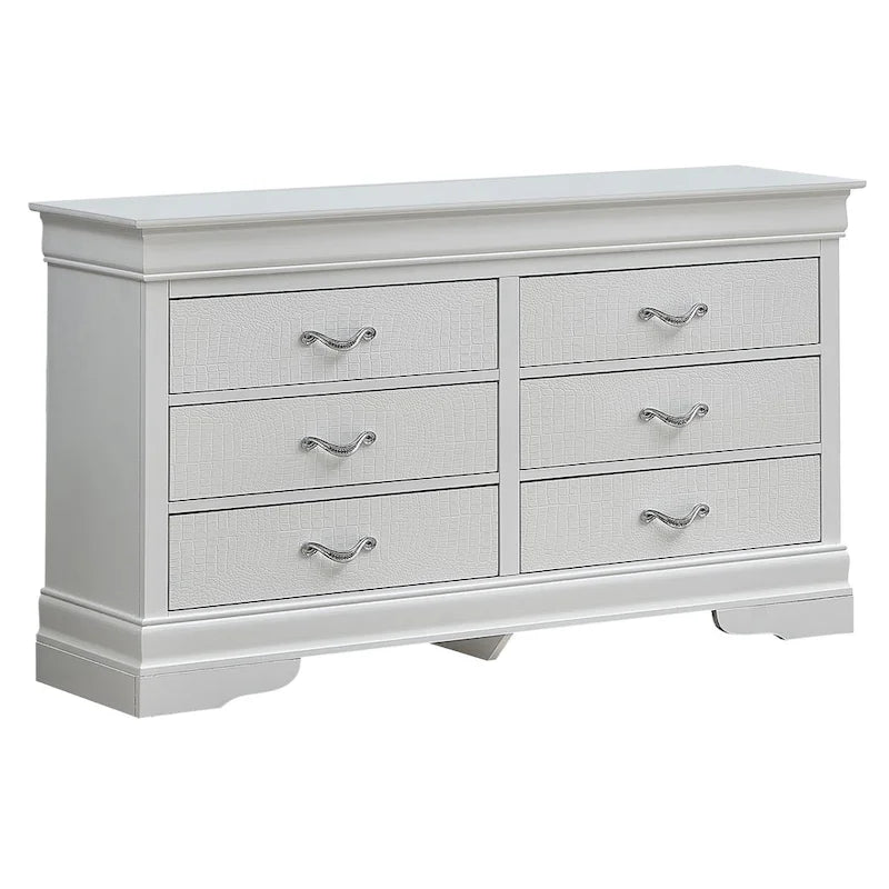 Commode transitionnelle à 6 tiroirs — Poignées chromées, accents faux cristal, 150 cm l.