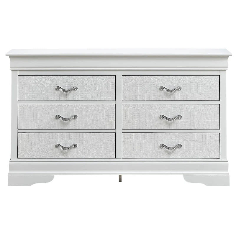 Commode transitionnelle à 6 tiroirs — Poignées chromées, accents faux cristal, 150 cm l.
