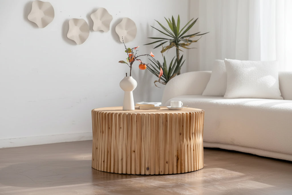 Retro Fashion Style Cylindrical Coffee Table with Vertical Texture Relief Design