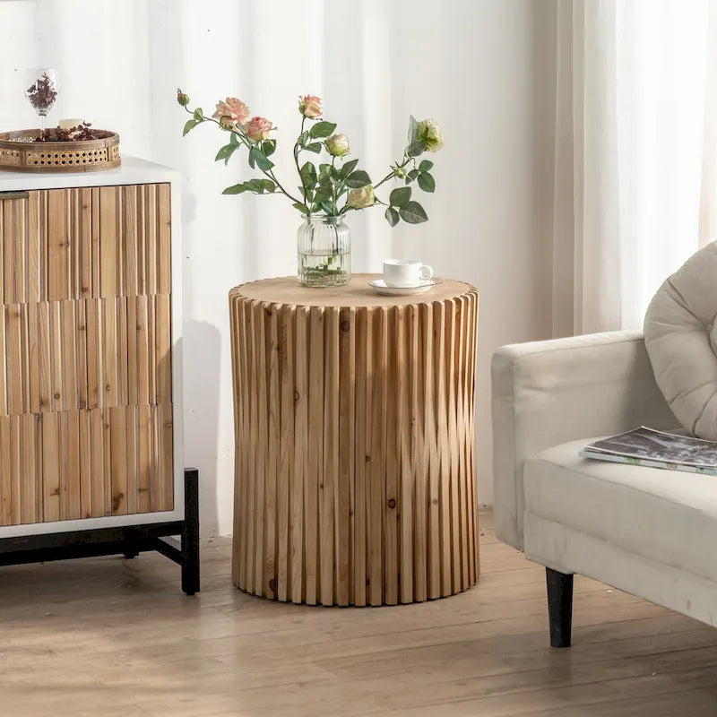 Table basse cylindrique de style rétro avec motif en relief texturé vertical