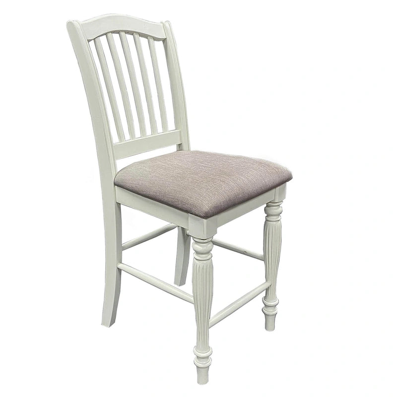 Lot de 2 tabourets de comptoir à lattes blanches — Bois d'hévéa, Assise en lin gris
