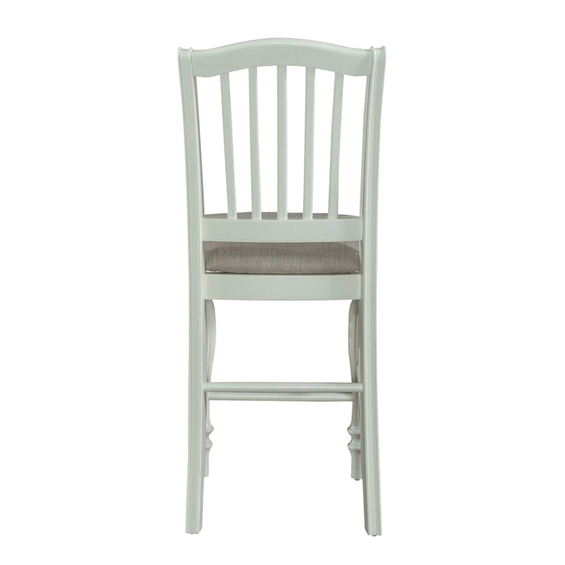 Lot de 2 tabourets de comptoir à lattes blanches — Bois d'hévéa, Assise en lin gris