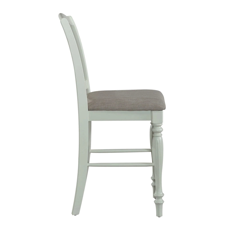 Lot de 2 tabourets de comptoir à lattes blanches — Bois d'hévéa, Assise en lin gris