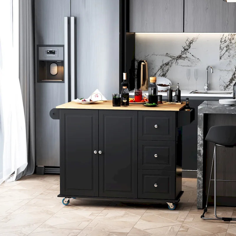 Îlot de cuisine mobile avec rangement — Porte-torchons et porte-épices, 3 tiroirs, roulettes verrouillables