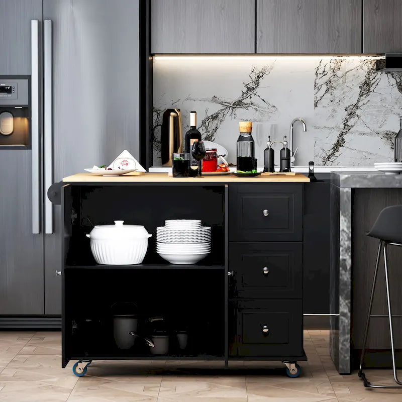 Îlot de cuisine mobile avec rangement — Porte-torchons et porte-épices, 3 tiroirs, roulettes verrouillables