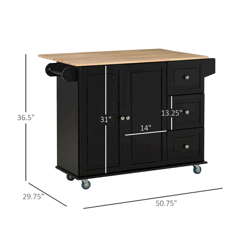 Îlot de cuisine mobile avec rangement — Porte-torchons et porte-épices, 3 tiroirs, roulettes verrouillables