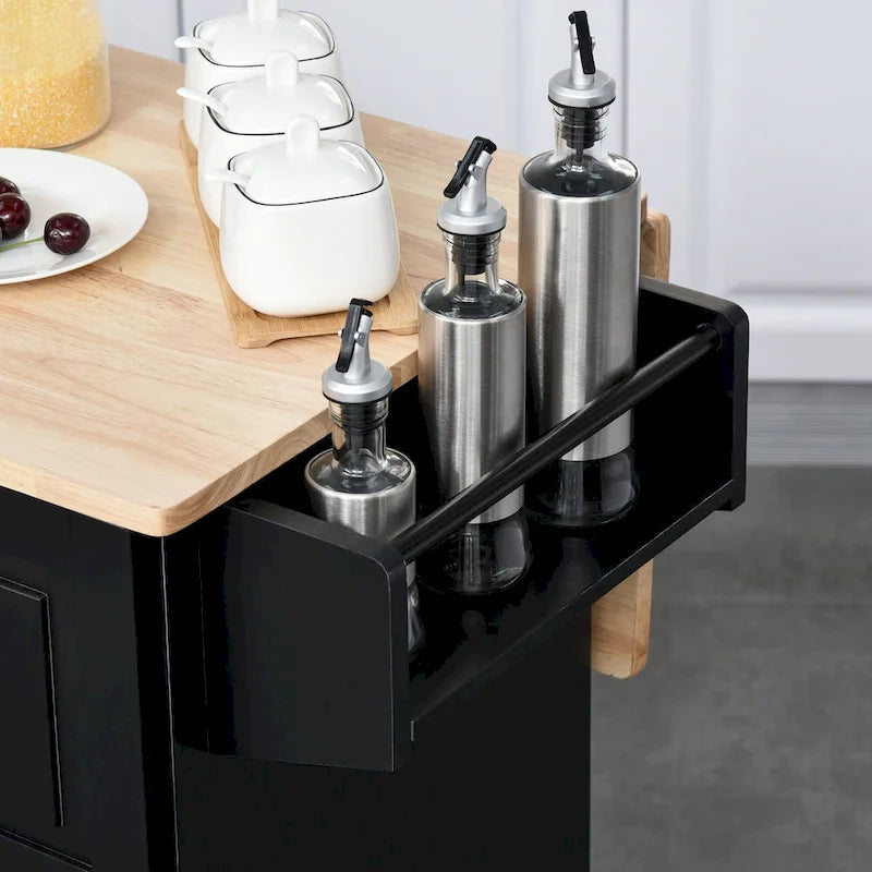 Îlot de cuisine mobile avec rangement — Porte-torchons et porte-épices, 3 tiroirs, roulettes verrouillables