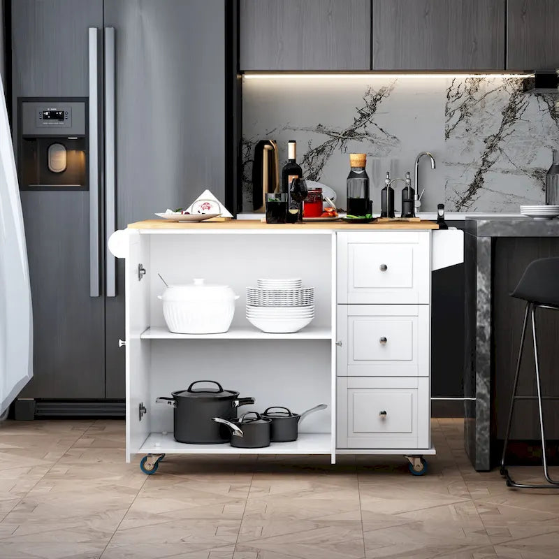Îlot de cuisine mobile avec rangement — Porte-torchons et porte-épices, 3 tiroirs, roulettes verrouillables